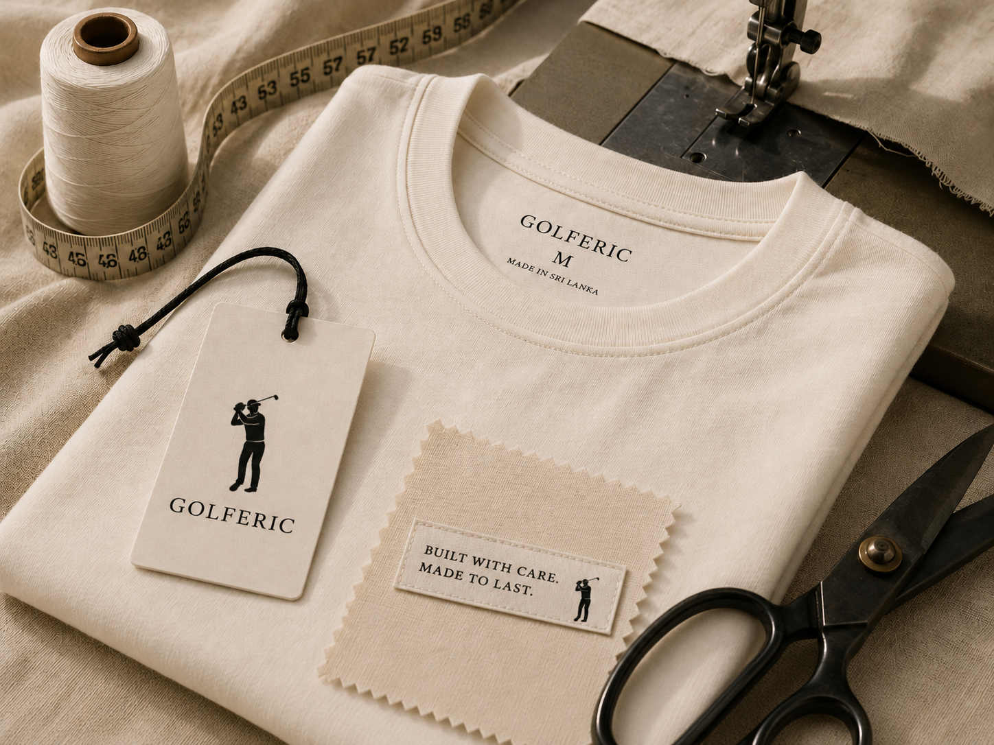 Ivory Golferic T-shirt with sewing tools, measuring tape, hang tag, and craftsmanship details